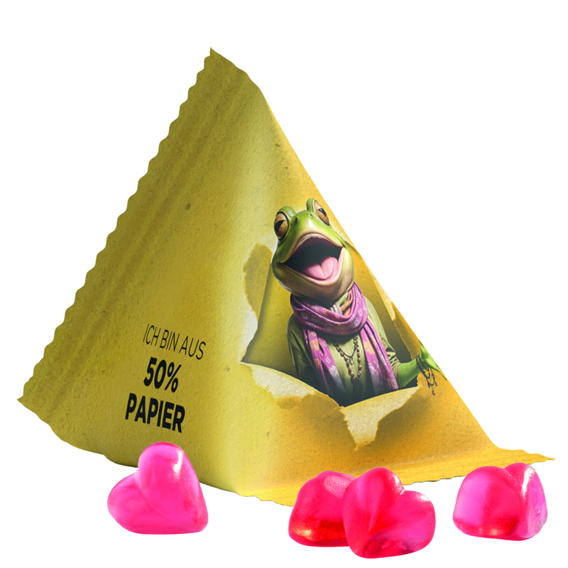 Bild Fruchtgummi Tetraeder, Folie mit ca. 50% Papieranteil, weiß, Trolli Fruchtgummi Herz rot
