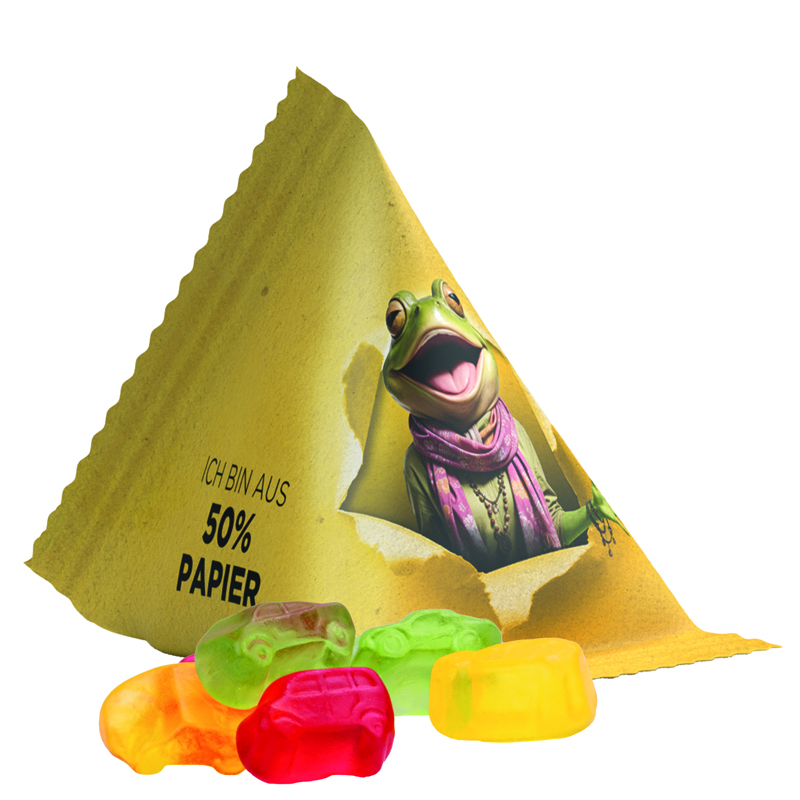 Bild Fruchtgummi Tetraeder, Folie mit ca. 50% Papieranteil, weiß, Trolli Fruchtgummi Auto-Mischung