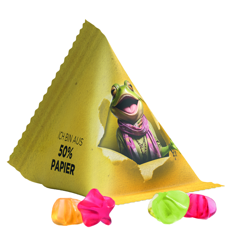 Bild Fruchtgummi Tetraeder, Folie mit ca. 50% Papieranteil, weiß, Trolli Fruchtgummi Sterne