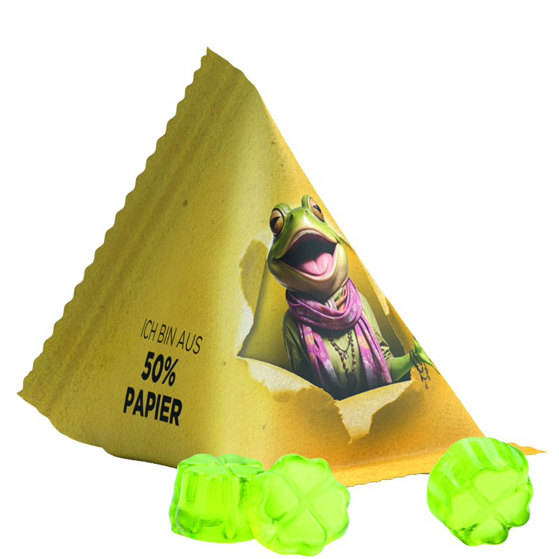 Bild Fruchtgummi Tetraeder, Folie mit ca. 50% Papieranteil, weiß, Trolli Fruchtgummi Kleeblatt