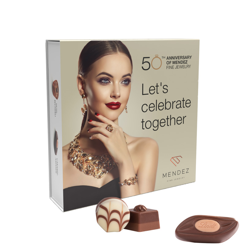 Bild Lindt Präsent Werbeschuber aus weißem Karton Lindt Mini Pralinés