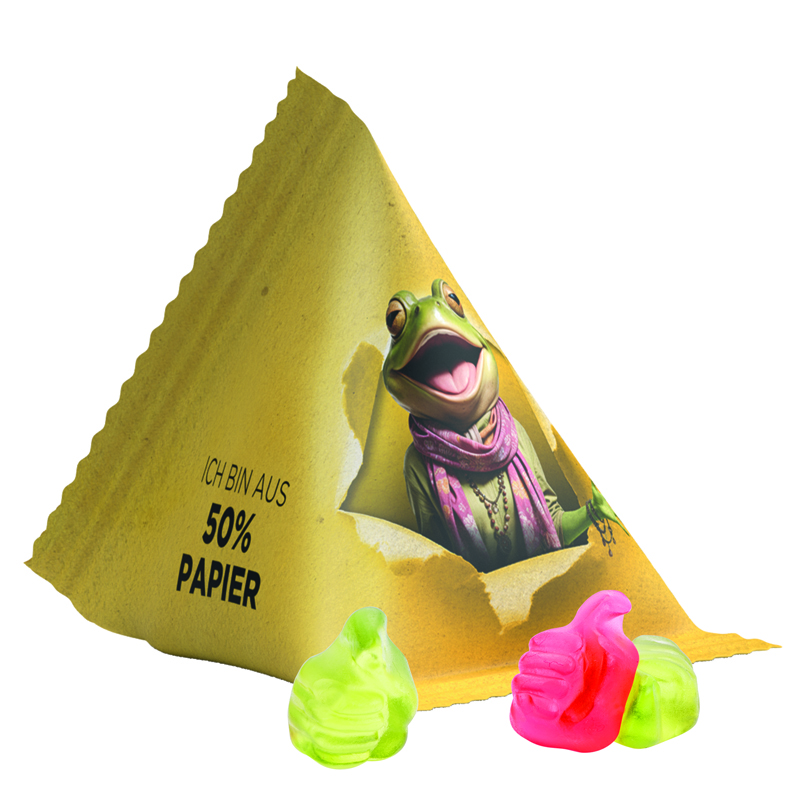 Bild Fruchtgummi Tetraeder, Folie mit ca. 50% Papieranteil, weiß, Trolli Fruchtgummi Daumen