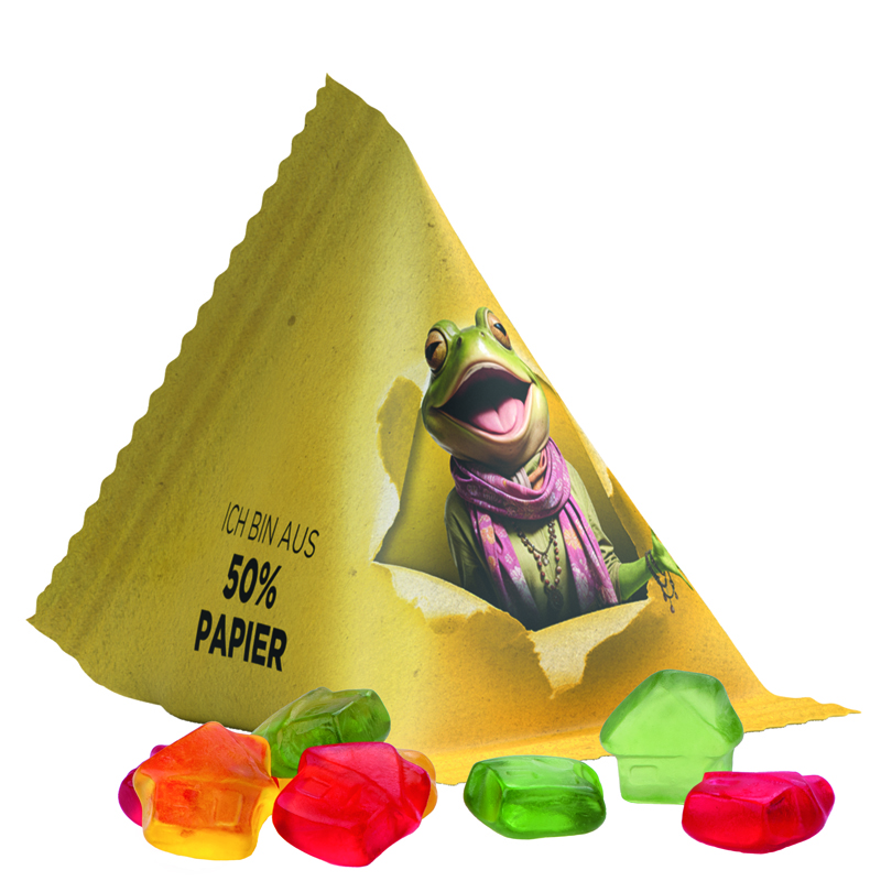 Bild Fruchtgummi Tetraeder, Folie mit ca. 50% Papieranteil, weiß, Trolli Fruchtgummi Haus