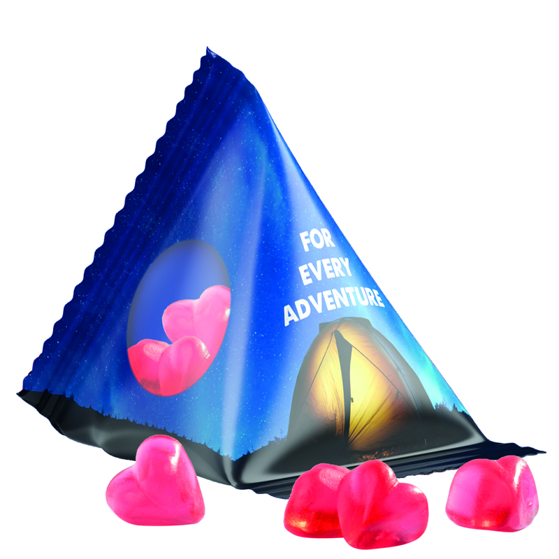 Bild Fruchtgummi Tetraeder, Folie transparent, Trolli Fruchtgummi Herz rot