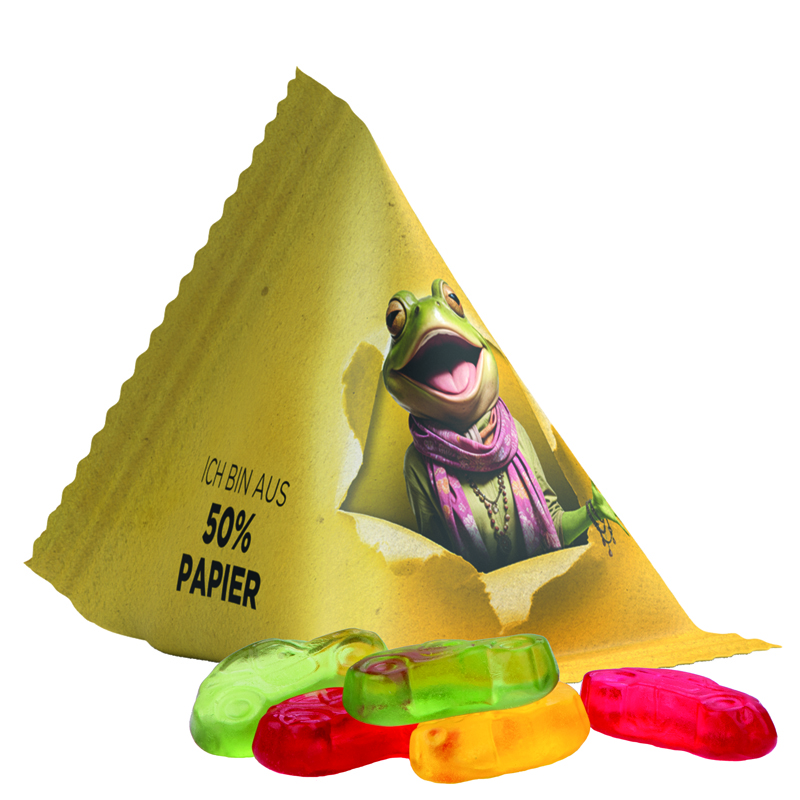 Bild Fruchtgummi Tetraeder, Folie mit ca. 50% Papieranteil, weiß, Trolli Fruchtgummi Autos