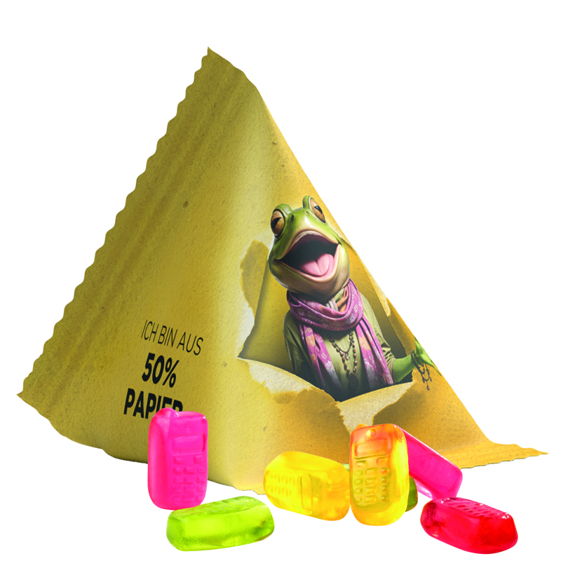 Bild Fruchtgummi Tetraeder, Folie mit ca. 50% Papieranteil, weiß, Trolli Fruchtgummi Handy