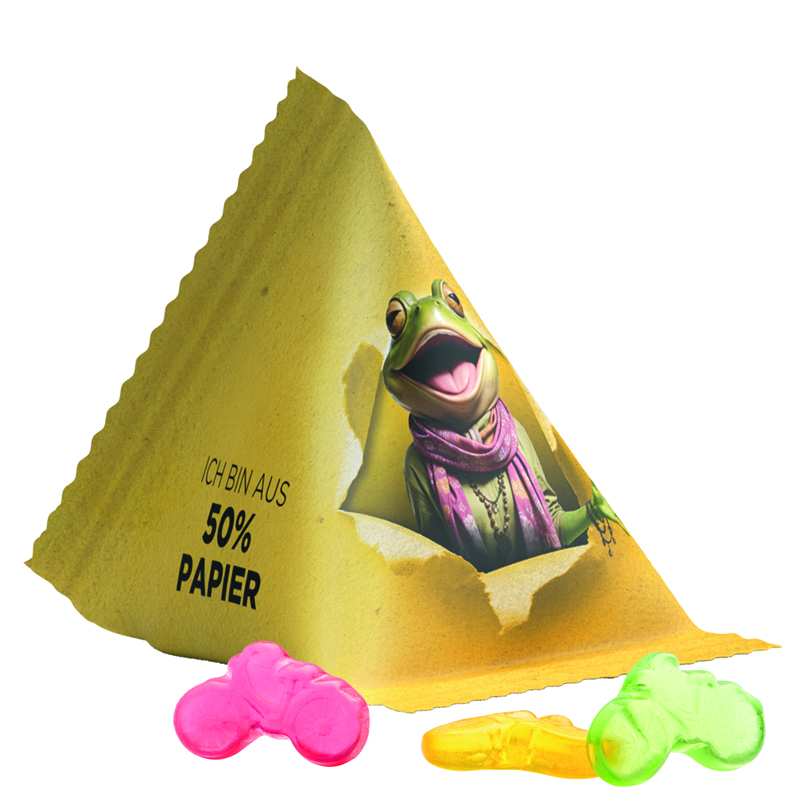 Bild Fruchtgummi Tetraeder, Folie mit ca. 50% Papieranteil, weiß, Trolli Fruchtgummi Fahrrad