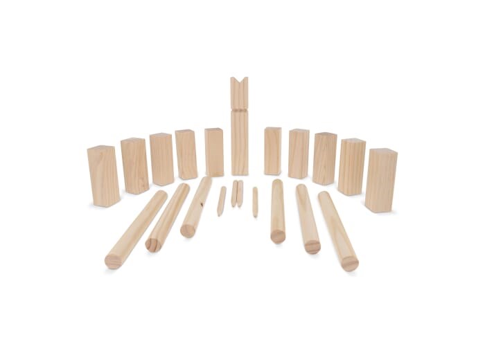 Bild Kubb Spiel aus Holz mit Beutel